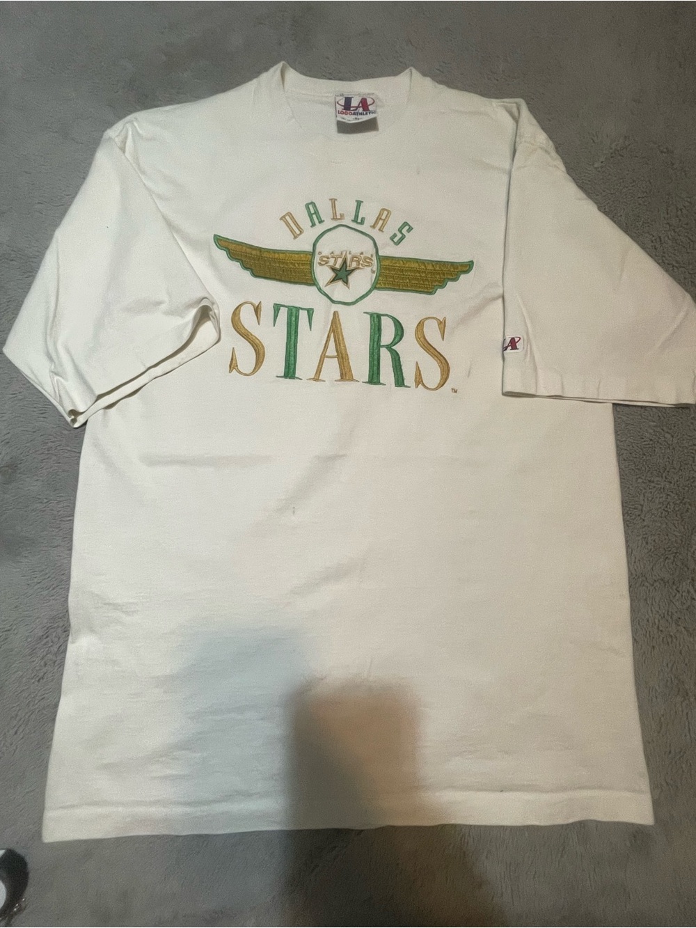 Vintage XL Dallas Stars Graphic Tee - White with Green & Gold Logo